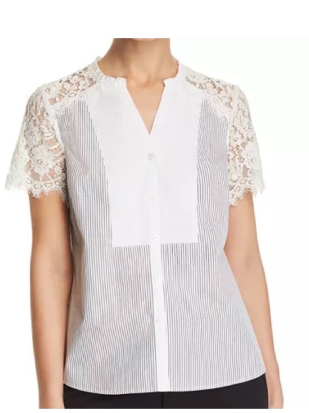 Karl Lagerfeld White Pinstripe Button-Front Lace Sleeve Blouse